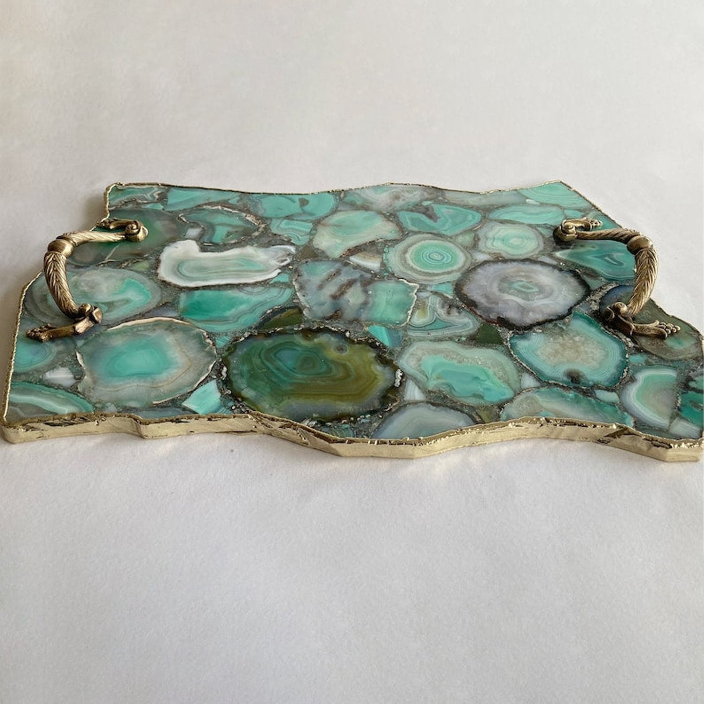 Large Green Agate Serving Tray With Brass Handles/Personalised Momentos/Sign Boards 10"x15"