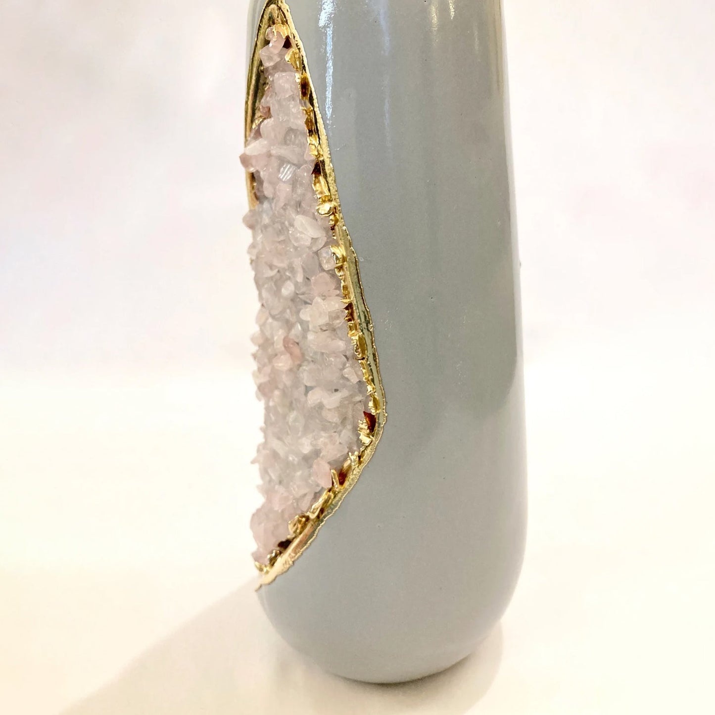 Grey and Gold Ceramic Vase/Planter/Pot/Wine Goblet/Mug with Rose Quartz Semi-precious Agate Crystal Gemstones