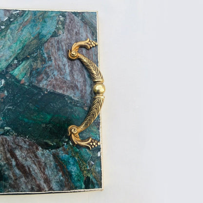Green Aventurine Rectangular Tray with Royal Arch brass handles – natural green stone, top view, India