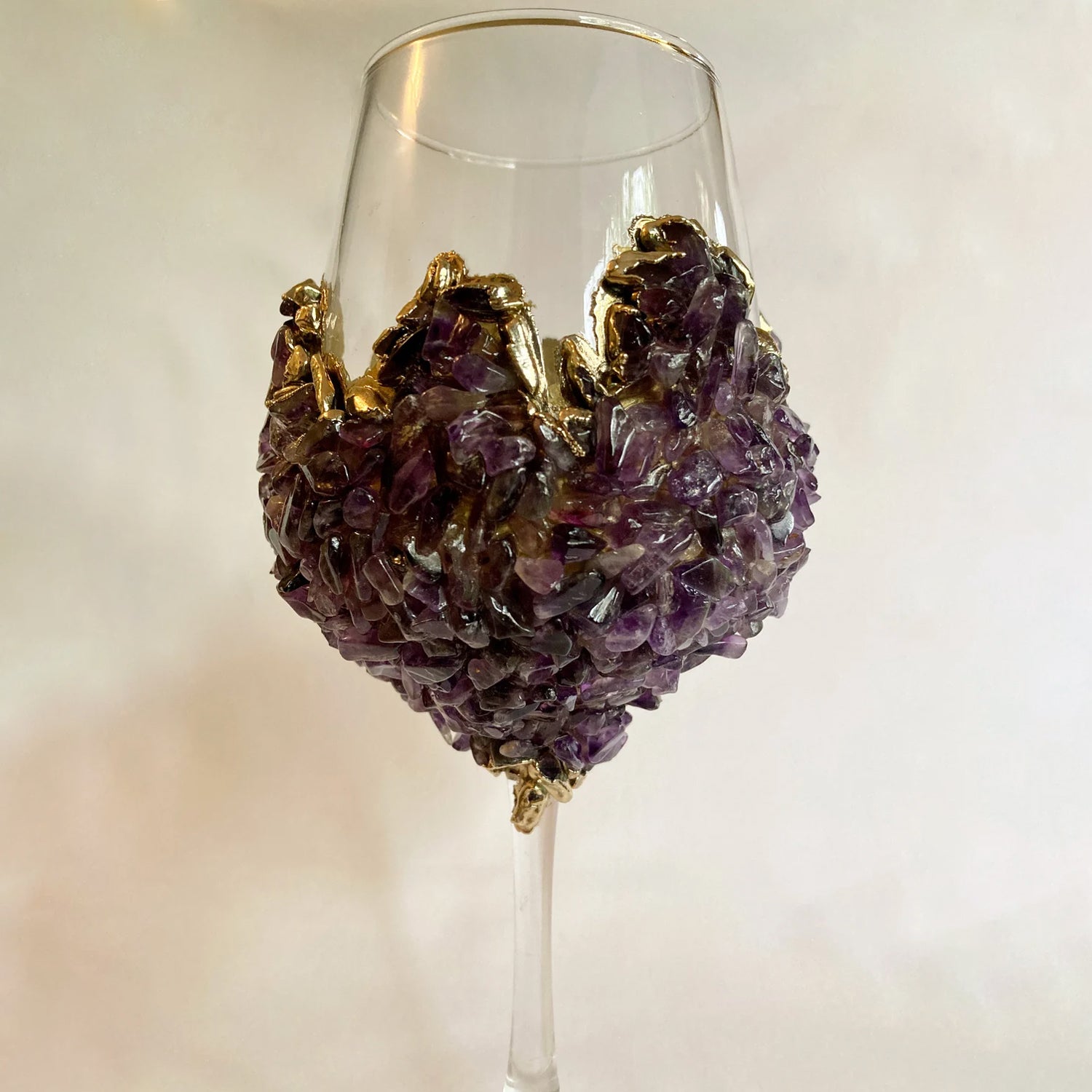 Amethyst Crystal Wine Glass – styled table setting with purple crystal glassware, handcrafted India