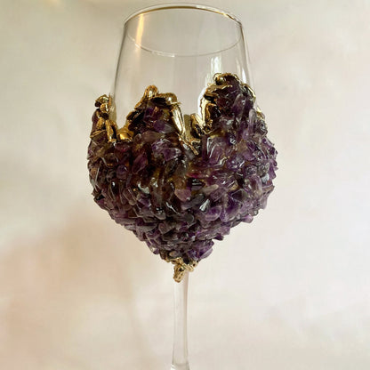 Amethyst Crystal Wine Glass – styled table setting with purple crystal glassware, handcrafted India