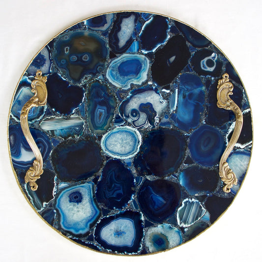 Blue Agate Serving Tray With Brass Handles | Circular