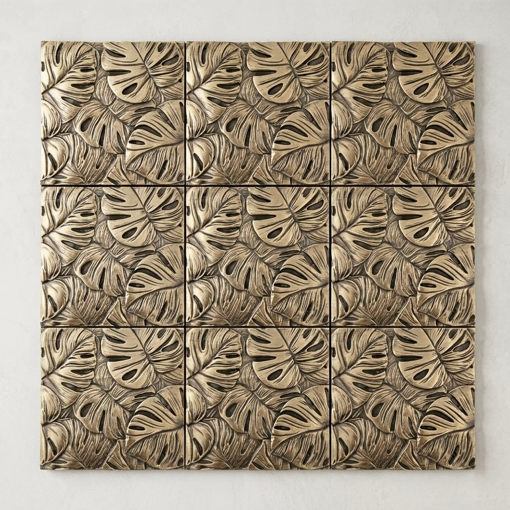 Set of 4 Tropical Leaf Brass Wall Tiles | Antique Brass Decorative Wall Panels | Handmade Wall Décor
