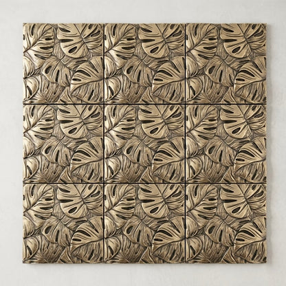 Set of 4 Tropical Leaf Brass Wall Tiles | Antique Brass Decorative Wall Panels | Handmade Wall Décor