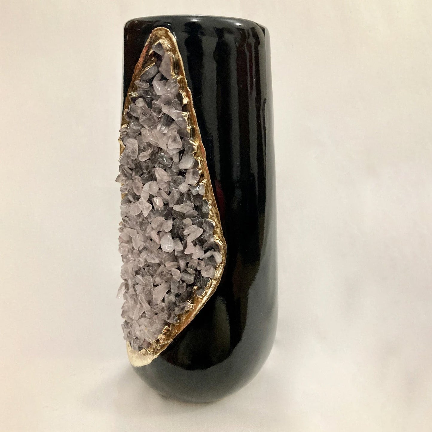 Black and Gold Ceramic Vase/Planter/Pot/Wine Goblet/Mug with Rose Quartz Semi-precious Agate Crystal Gemstones