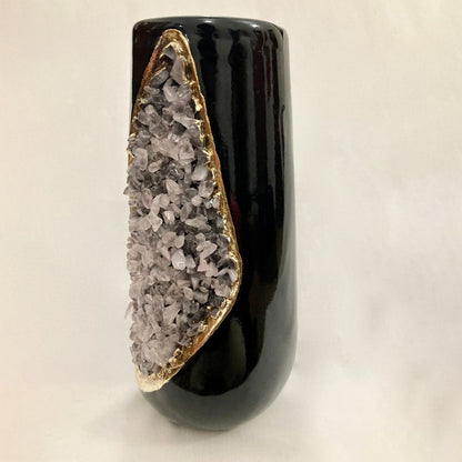 Black and Gold Ceramic Vase/Planter/Pot/Wine Goblet/Mug with Rose Quartz Semi-precious Agate Crystal Gemstones