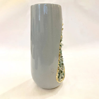 Grey and Gold Ceramic Vase/Planter/Pot/Wine Goblet/Mug with Light Green Semi-precious Agate Crystal Gemstones