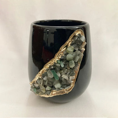 Black and Gold Ceramic Vase/Planter/Pot/Wine Goblet/Mug with Light Green Agate Semi-precious Agate Crystal Gemstones