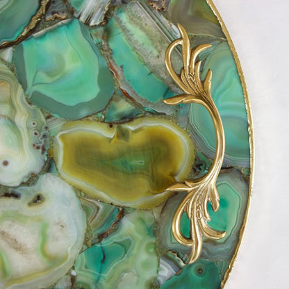 Green Agate Serving Tray With Brass Handles | Circular