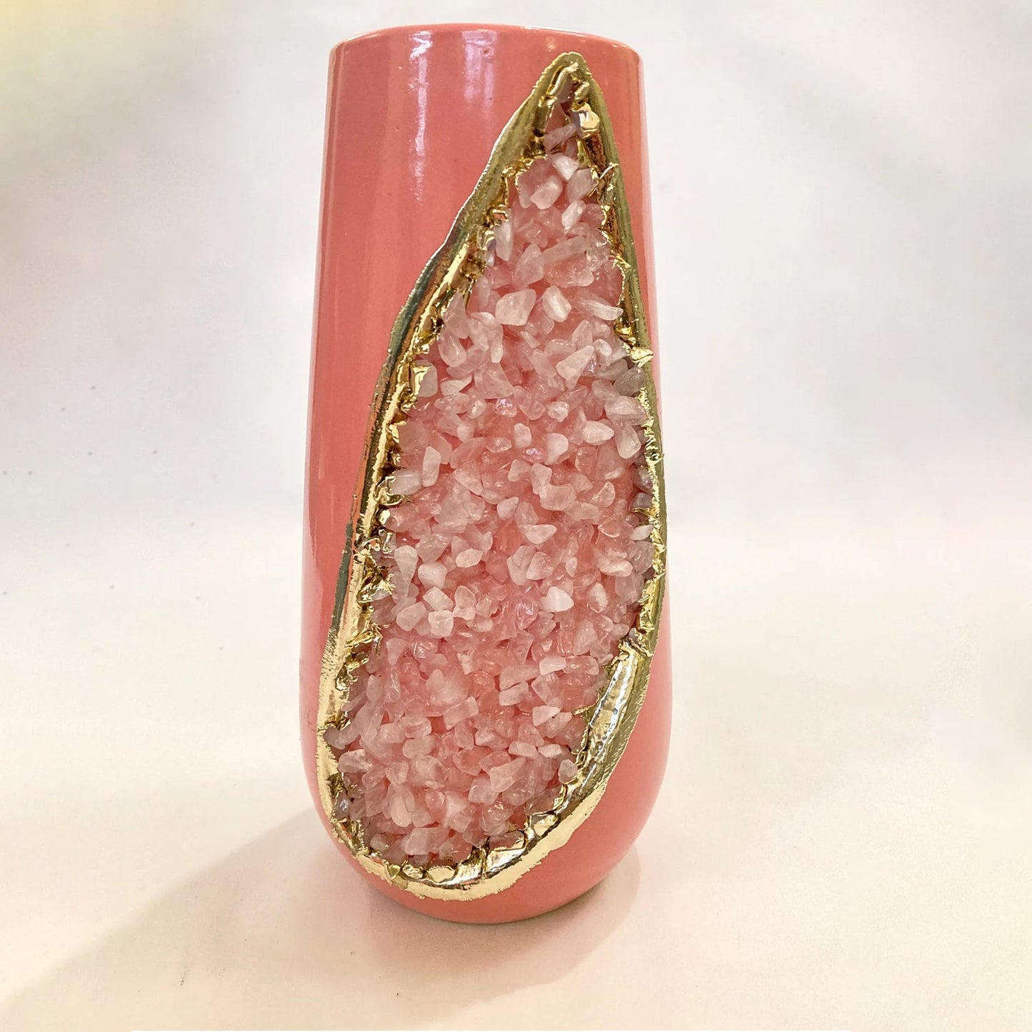 Pink & Gold Ceramic Vase with Rose Quartz