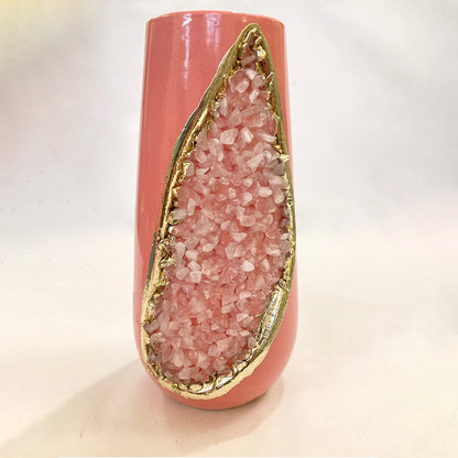 Pink & Gold Ceramic Vase with Rose Quartz