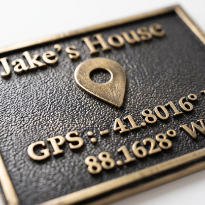 GPS Coordinates Plaque | Close-up of coordinates in antique brass