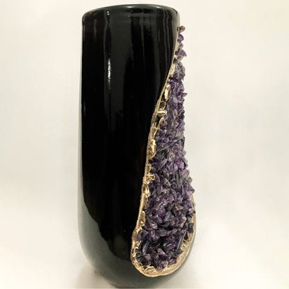 Black and Gold Ceramic Vase/Planter/Pot/Wine Goblet/Mug with Amethyst Semi-precious Agate Crystal Gemstones
