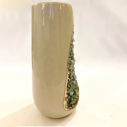 Cream and Gold Ceramic Vase/Planter/Pot/Wine Goblet/Mug with Light Green Semi-precious Agate Crystal Gemstones