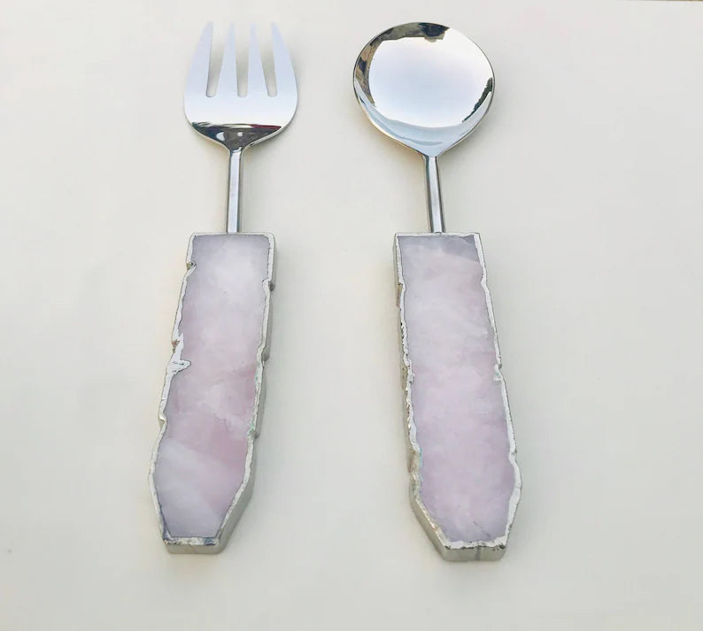 Rose Quartz Agate Salad Server - Set of 2