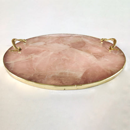 Rose Quartz Agate | Serving Tray With Brass Handles | Circular |