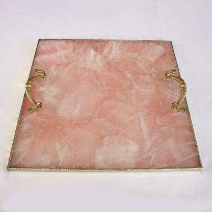 Rose Quartz Agate Serving Tray With Brass Handles | Square