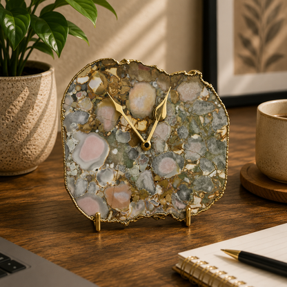 Large conglomerate quartz desk clock with metal edge, India | The Tangerine Store