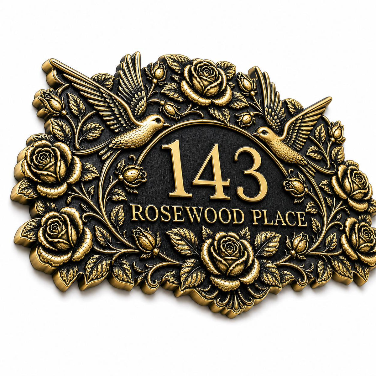 Roses and Hummingbirds plaque in antique brass, angled view showing the relief, outline and lettering