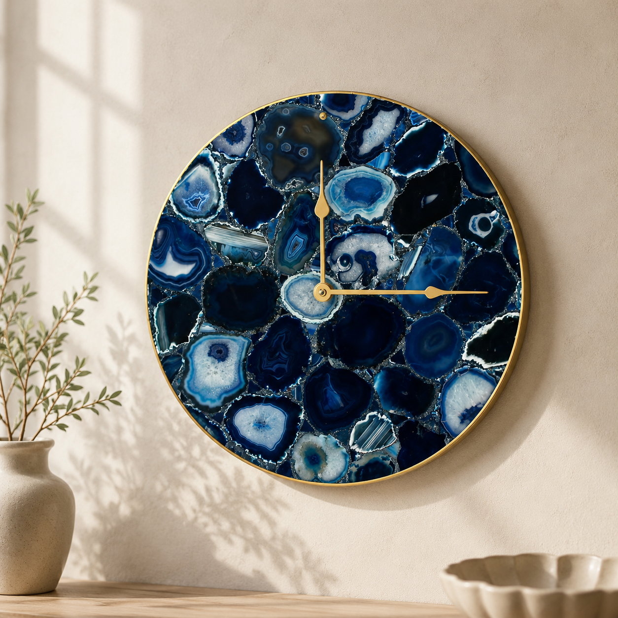 Blue Agate Circular Wall Clock – 16 Inch | Gold finish | The Tangerine Store