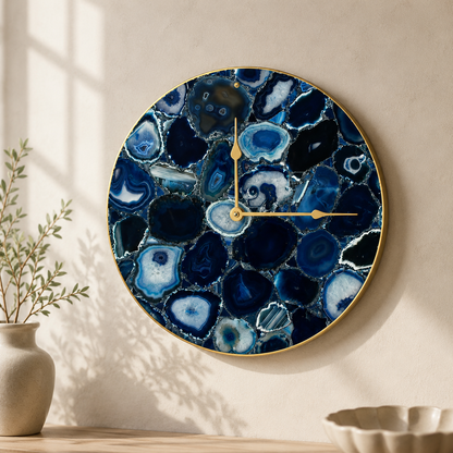 Blue Agate Circular Wall Clock – 16 Inch | Gold finish | The Tangerine Store