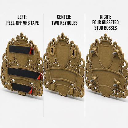 Mounting diagram for the Pomegranate plaque comparing keyhole slots, peel-and-stick tape and studs