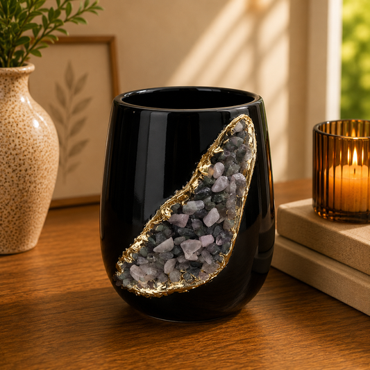 Black Ceramic Short Teardrop Vase with Crystal Inlay
