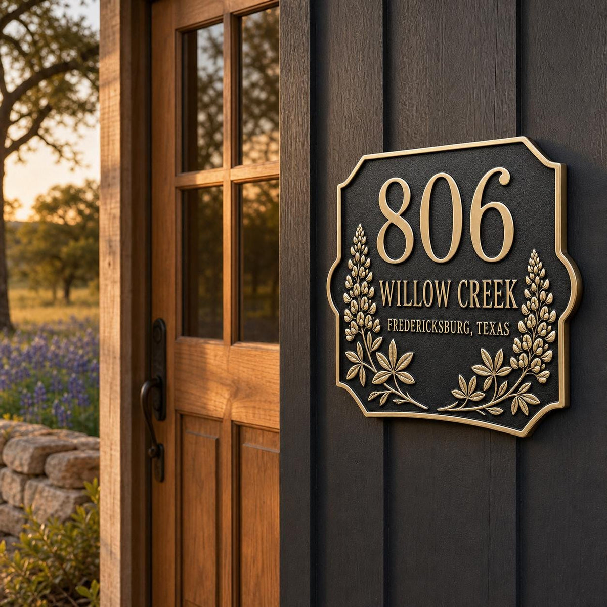Lupine plaque pictured beside a dark door and window