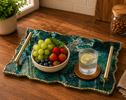 Large Composite Green Agate Organic Edge Tray — Bar Handles
