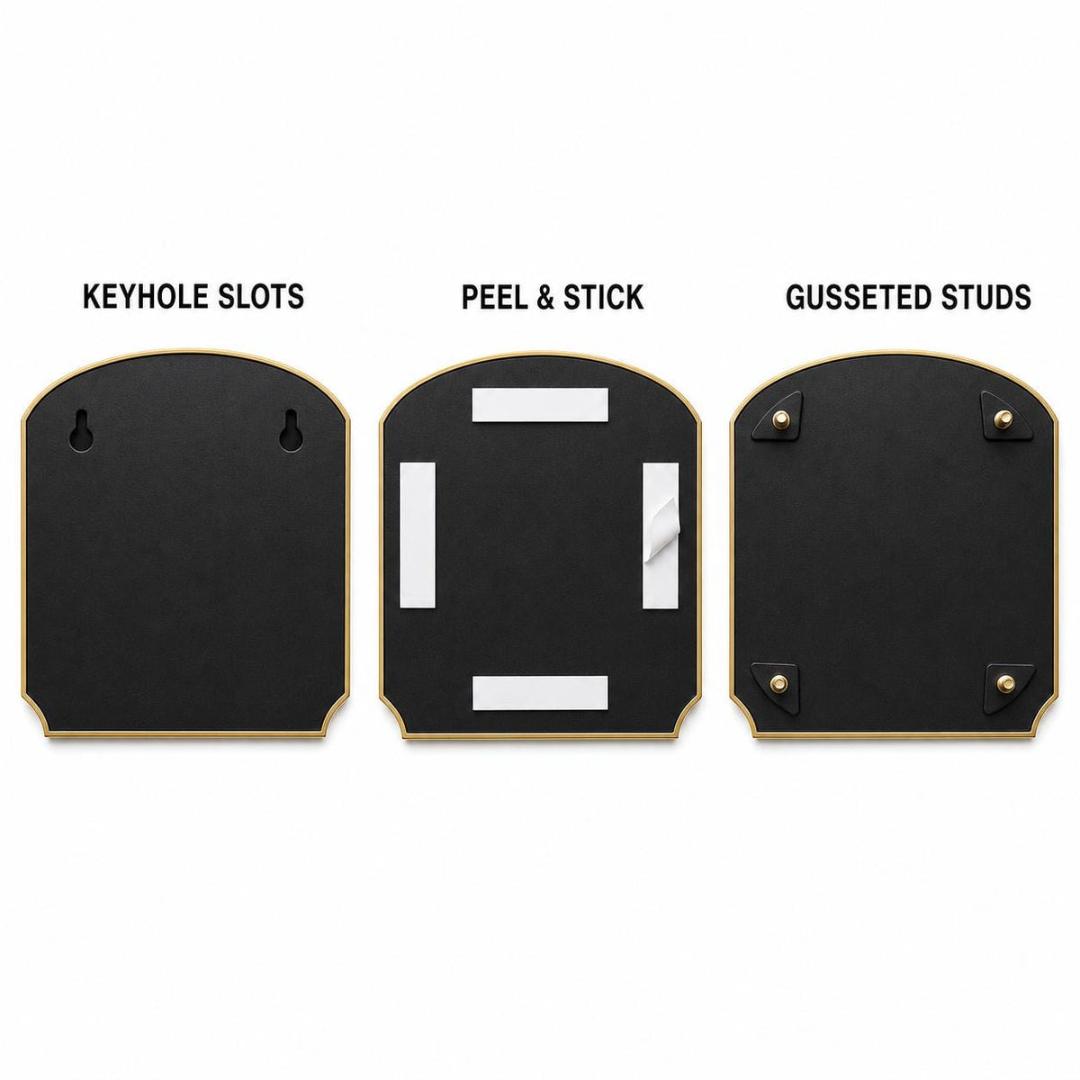 Mounting diagram for the Duplex Entries plaque comparing keyhole slots, peel-and-stick tape and studs