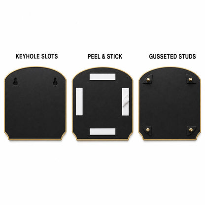 Mounting diagram for the Duplex Entries plaque comparing keyhole slots, peel-and-stick tape and studs