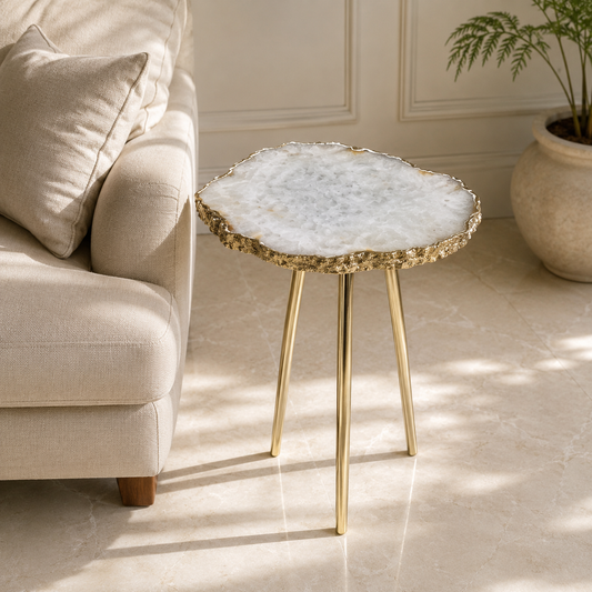Large White Grey Agate Organic Edge Side Table