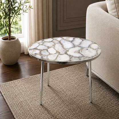 Oval White Agate Organic Edge Side Table