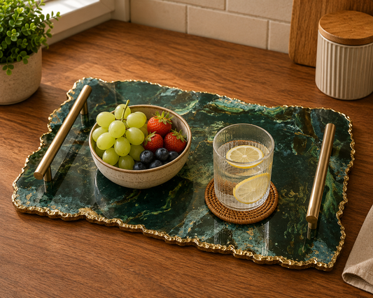 Large forest green agate organic edge tray with bar handles — finish options