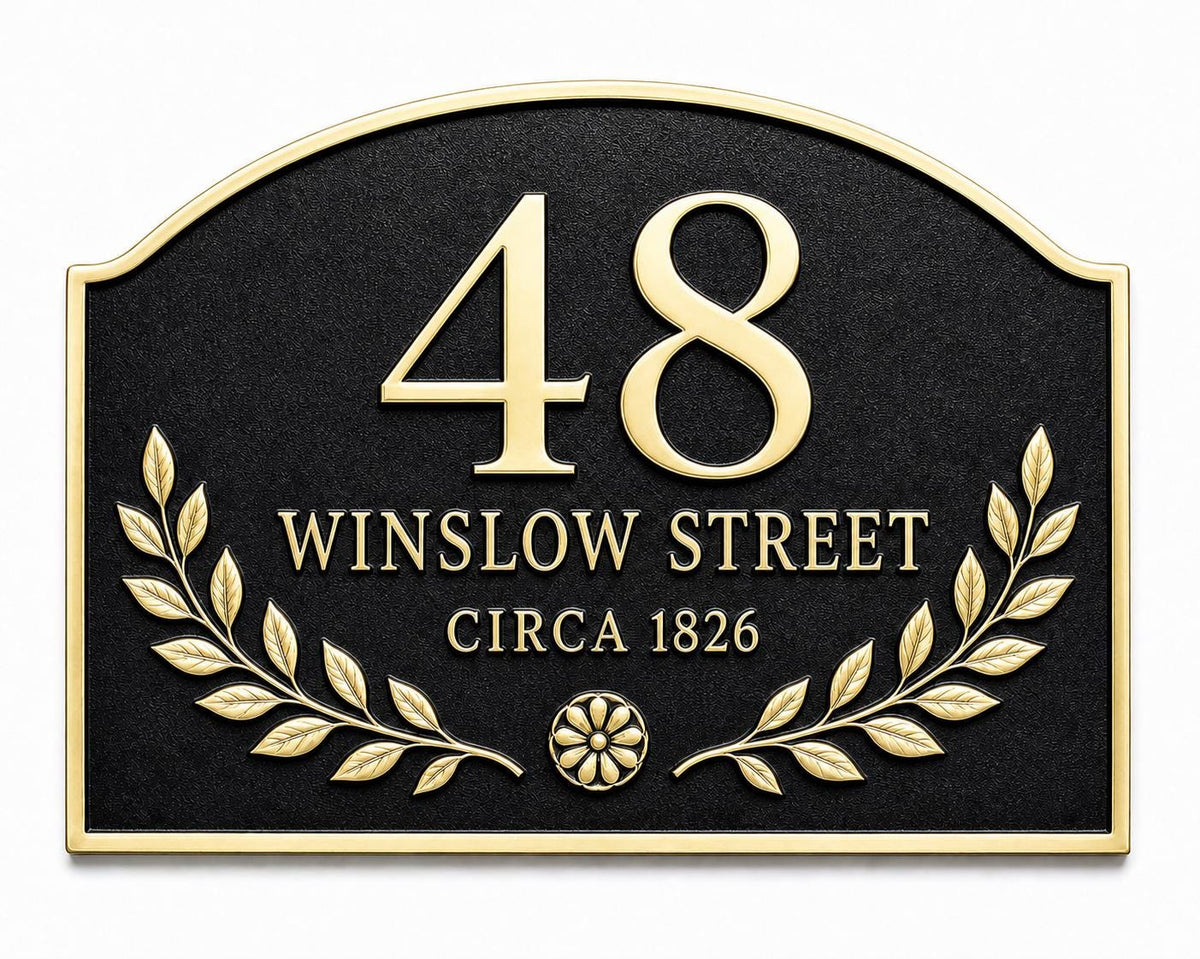 Arched Laurel name plate with raised number, two wording lines and laurel branches