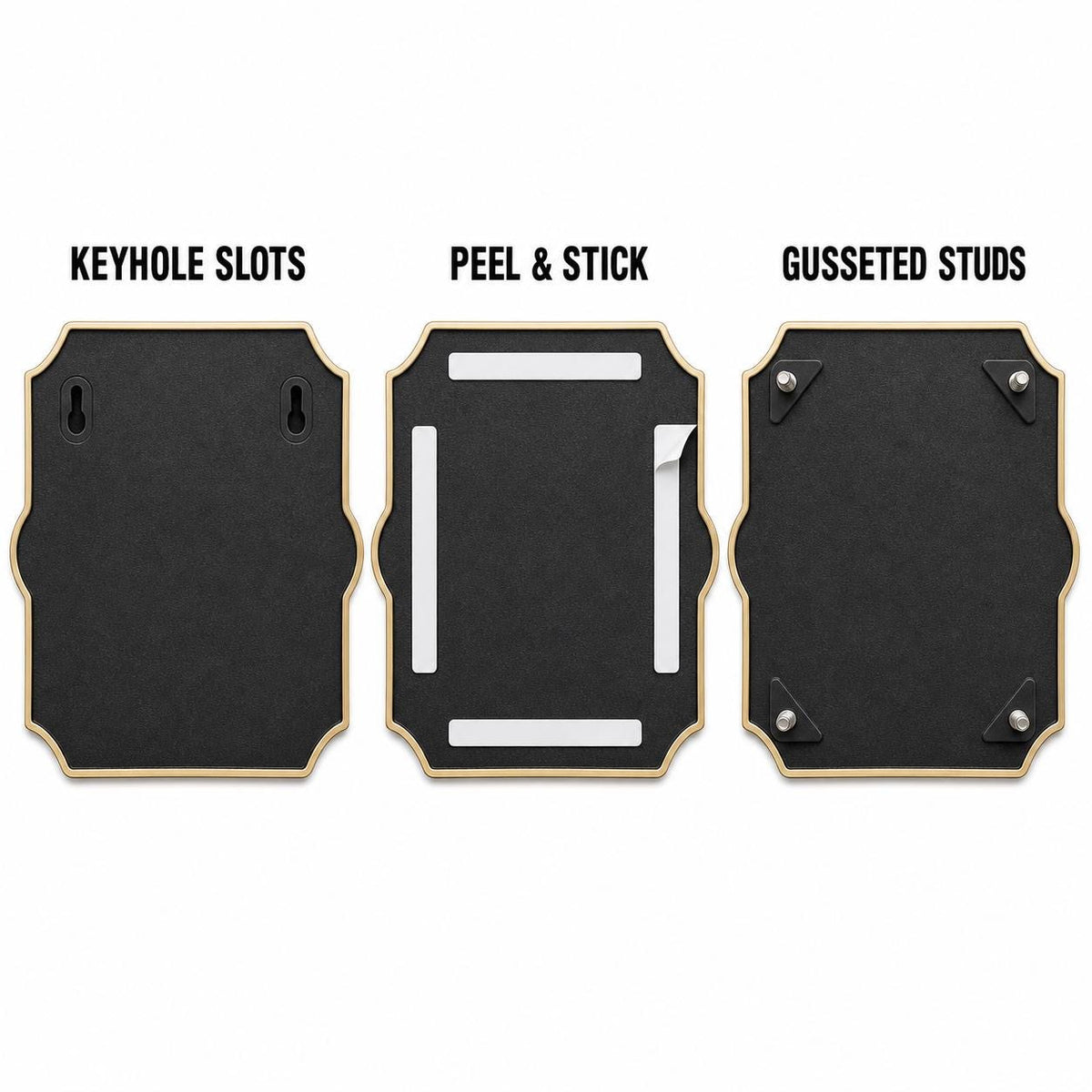 Mounting diagram for the Lupine plaque comparing keyhole slots, peel-and-stick tape and gusseted studs
