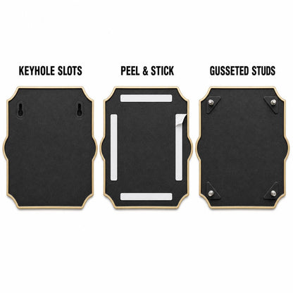Mounting diagram for the Lupine plaque comparing keyhole slots, peel-and-stick tape and gusseted studs