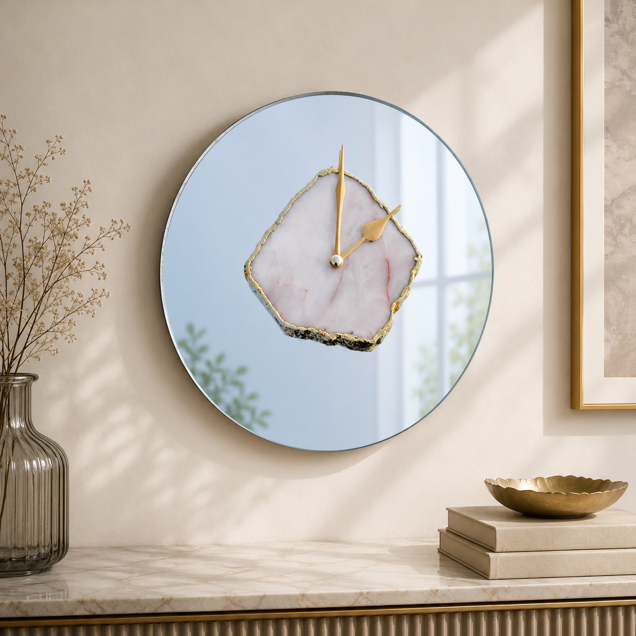 White Agate Mirror Wall Clock – 10 Inch | Gold finish | The Tangerine Store