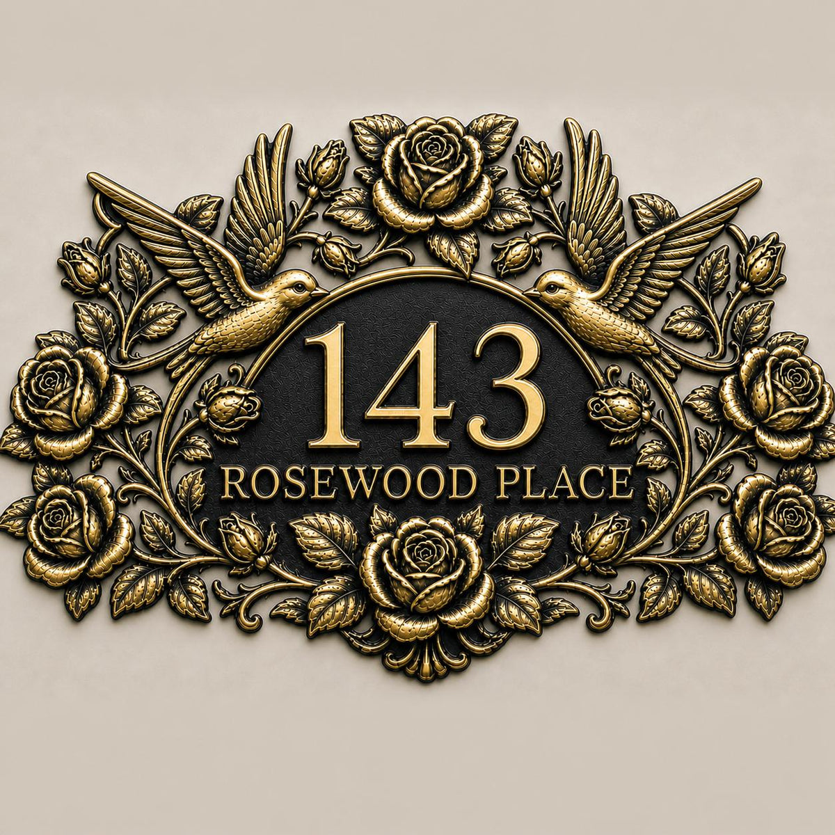 Roses and Hummingbirds plaque in antique brass, front view showing the raised design and lettering