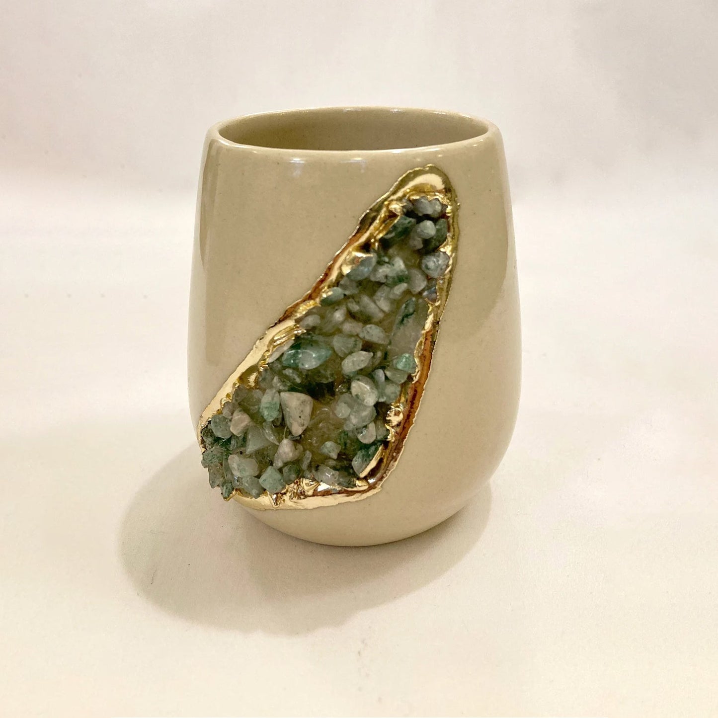 Cream and Gold Ceramic Vase/Planter/Pot/Wine Goblet/Mug with Light Green Semi-precious Agate Crystal Gemstones