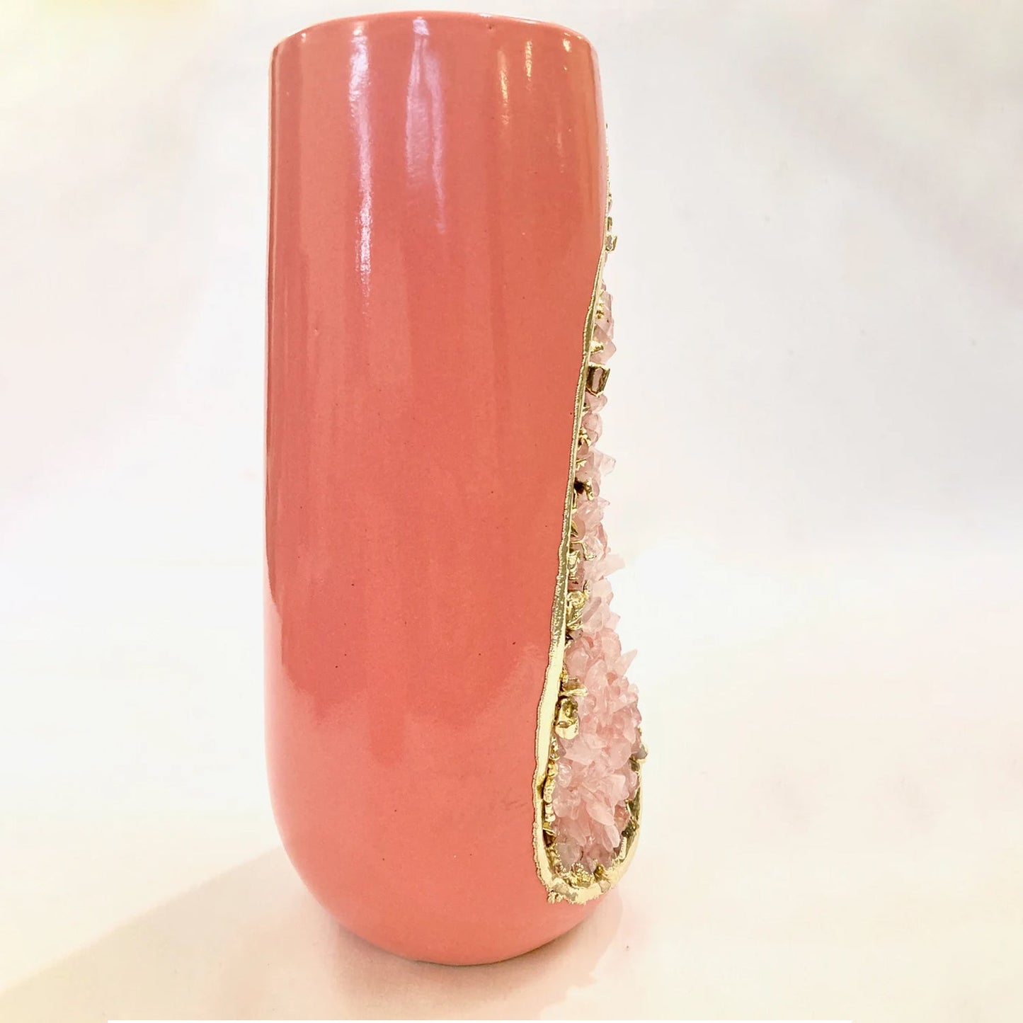 Pink & Gold Ceramic Vase with Rose Quartz
