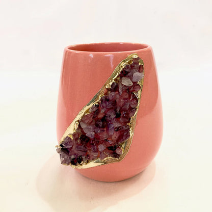 Pink and Gold Ceramic Vase/Planter/Pot/Wine Goblet/Mug with Purple Amethyst Semi-precious Agate Crystal Gemstones