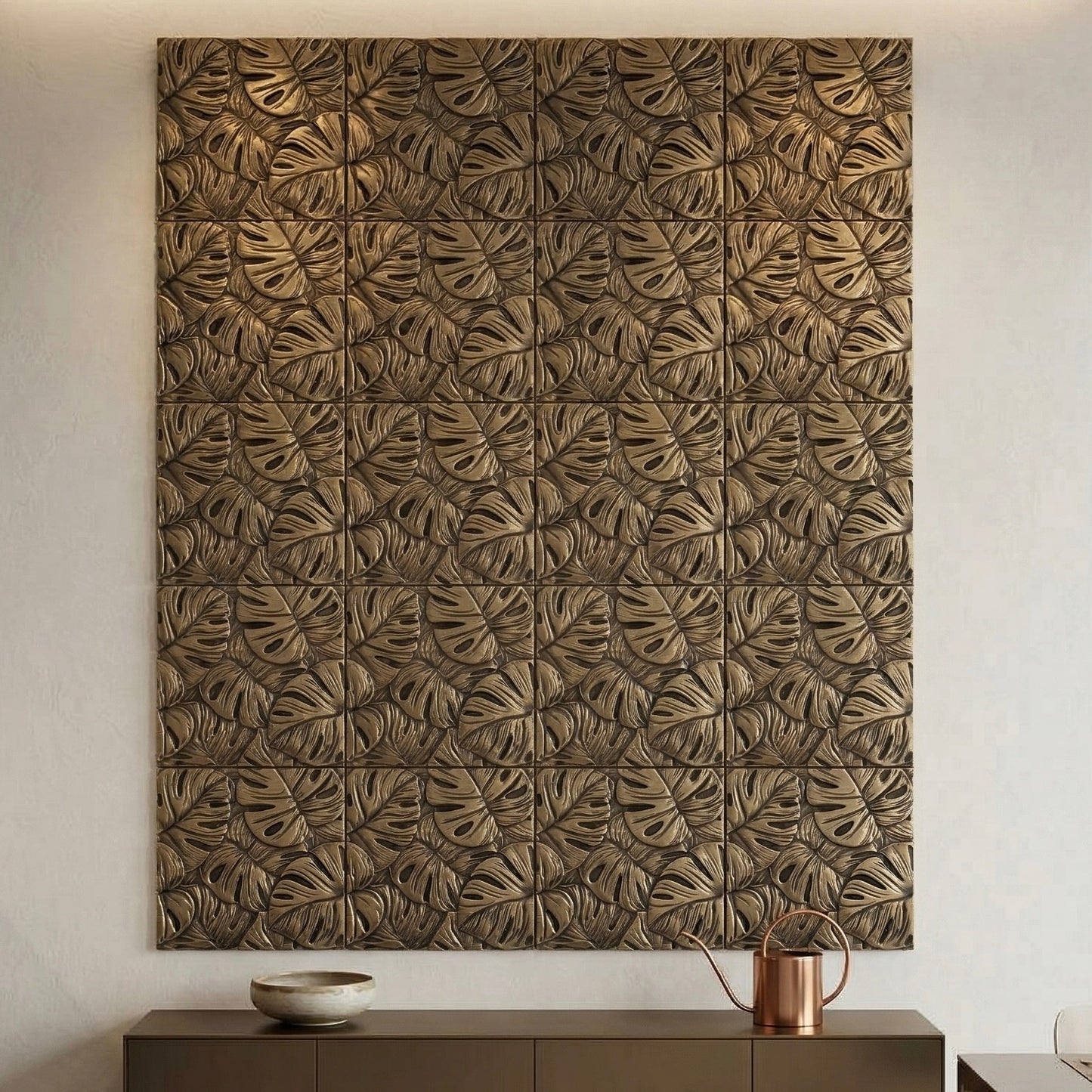 Set of 4 Tropical Leaf Brass Wall Tiles | Antique Brass Decorative Wall Panels | Handmade Wall Décor
