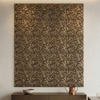 Set of 4 Tropical Leaf Brass Wall Tiles | Antique Brass Decorative Wall Panels | Handmade Wall Décor
