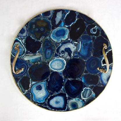 Blue Agate Serving Tray With Brass Handles | Circular