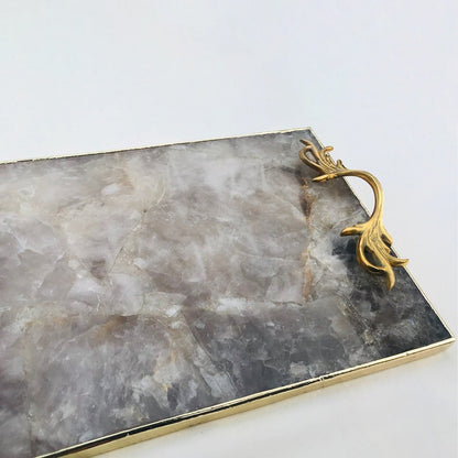 Smoky Quartz Agate Serving Tray With Brass Handles