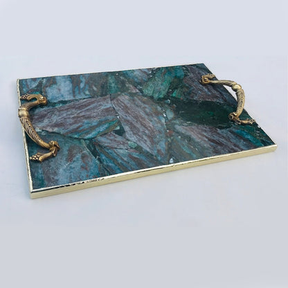 Green Aventurine Rectangular Tray with Royal Arch brass handles – deep teal-green stone, antique brass finish, India