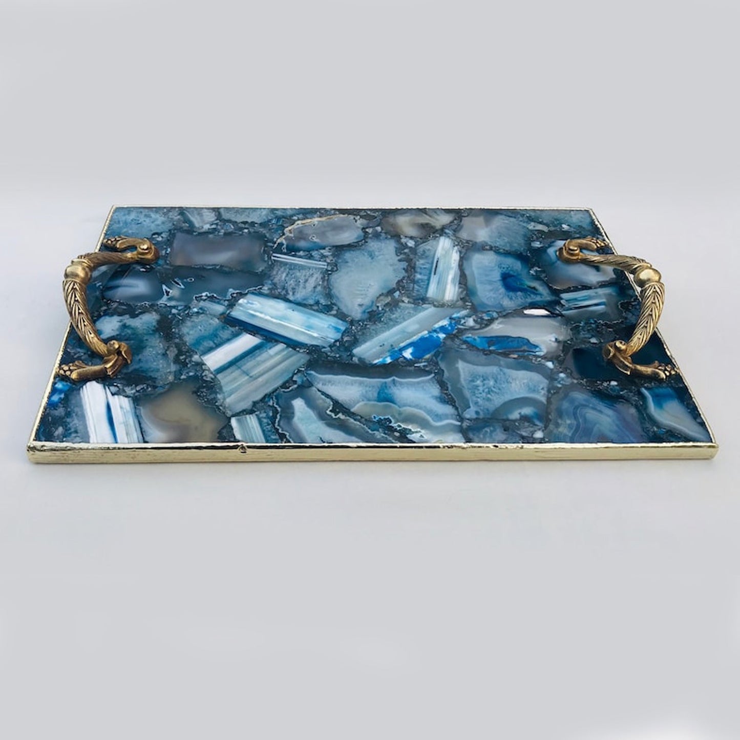 Blue Agate Rectangular Tray with Royal Arch handles – styled top view, deep blue mosaic agate, India