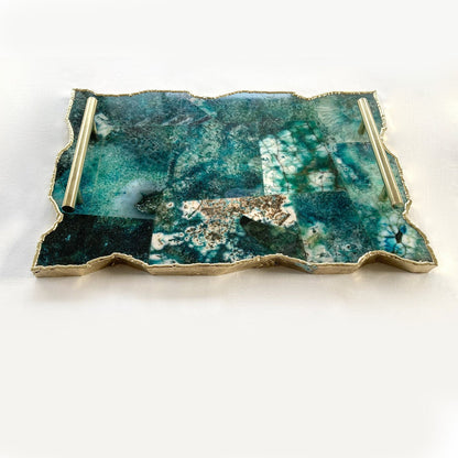 Large Composite Green Agate Serving Tray With Plain Modern Brass Handles/Personalised Momentos/Sign Boards 10"x15"