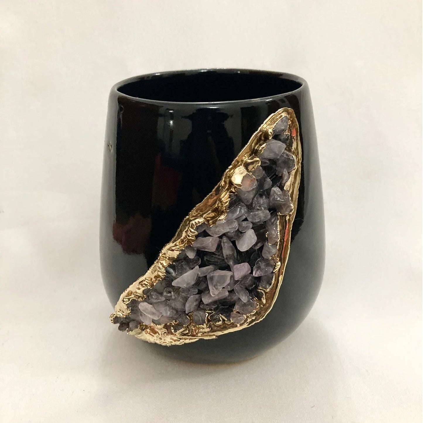 Black and Gold Ceramic Vase/Planter/Pot/Wine Goblet/Mug with Rose Quartz Semi-precious Agate Crystal Gemstones